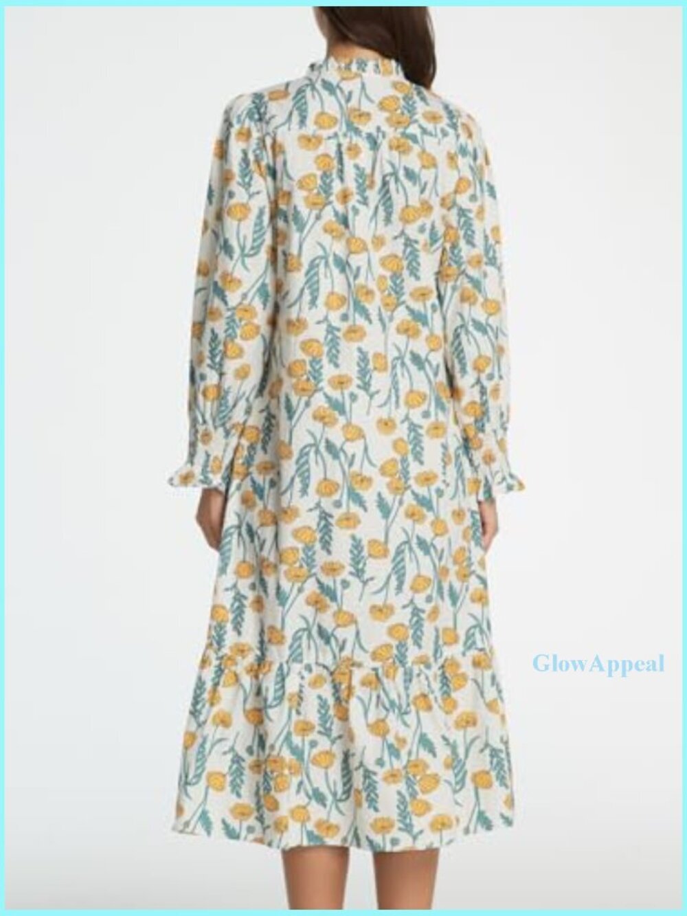 Cotton Midi Dress with Puff Sleeves and Mock Neck for Casual Wear - Picture 2 of 7